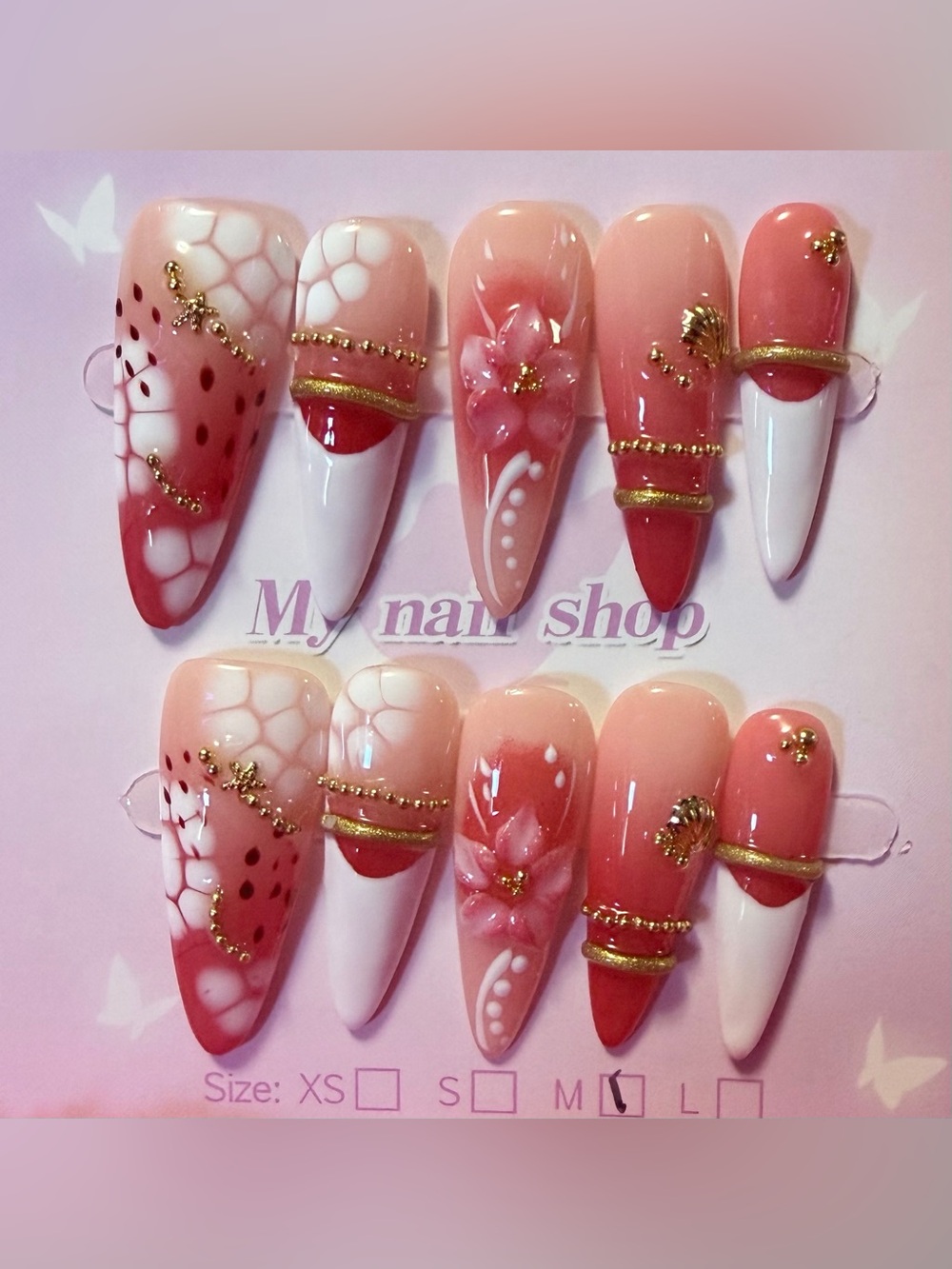 Pink Floral Ombre False Nail Set with Gold Accents -